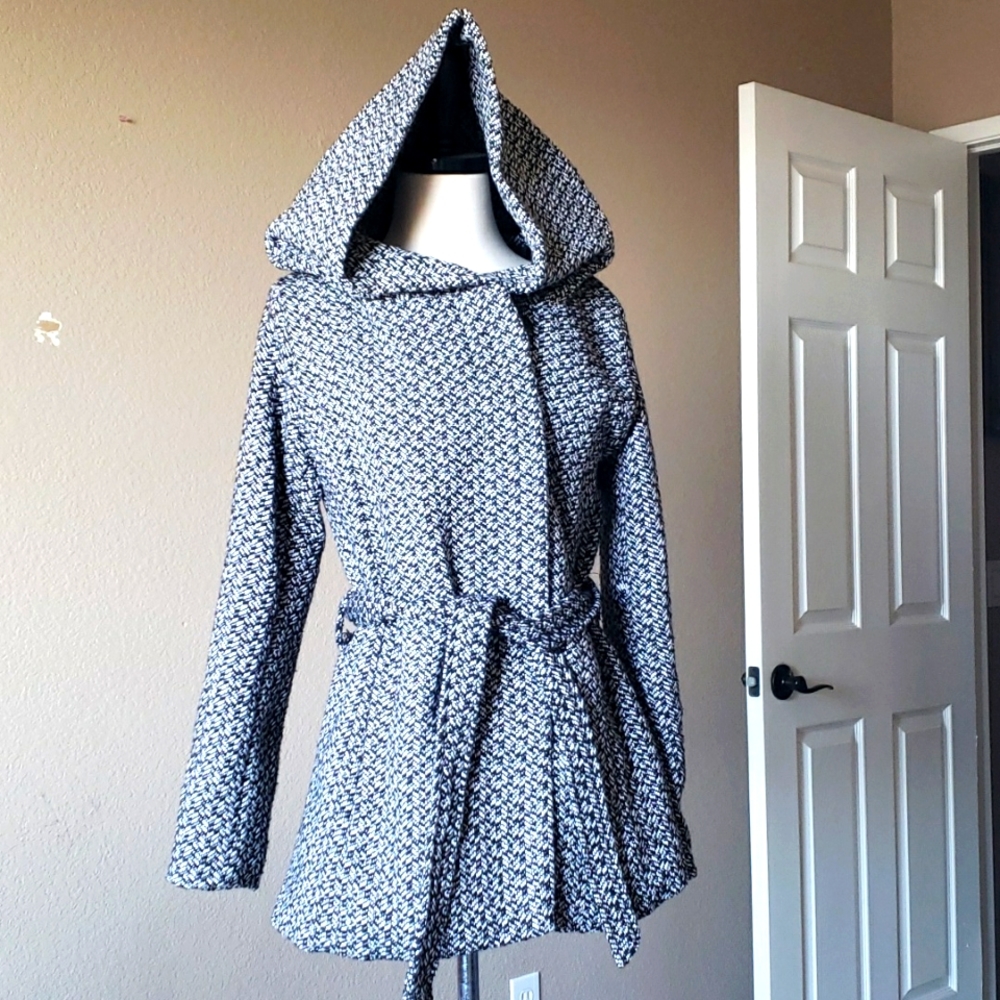Mossimo Supply Co Hooded Tweed Belted Coat Jacket Medium Grey Black